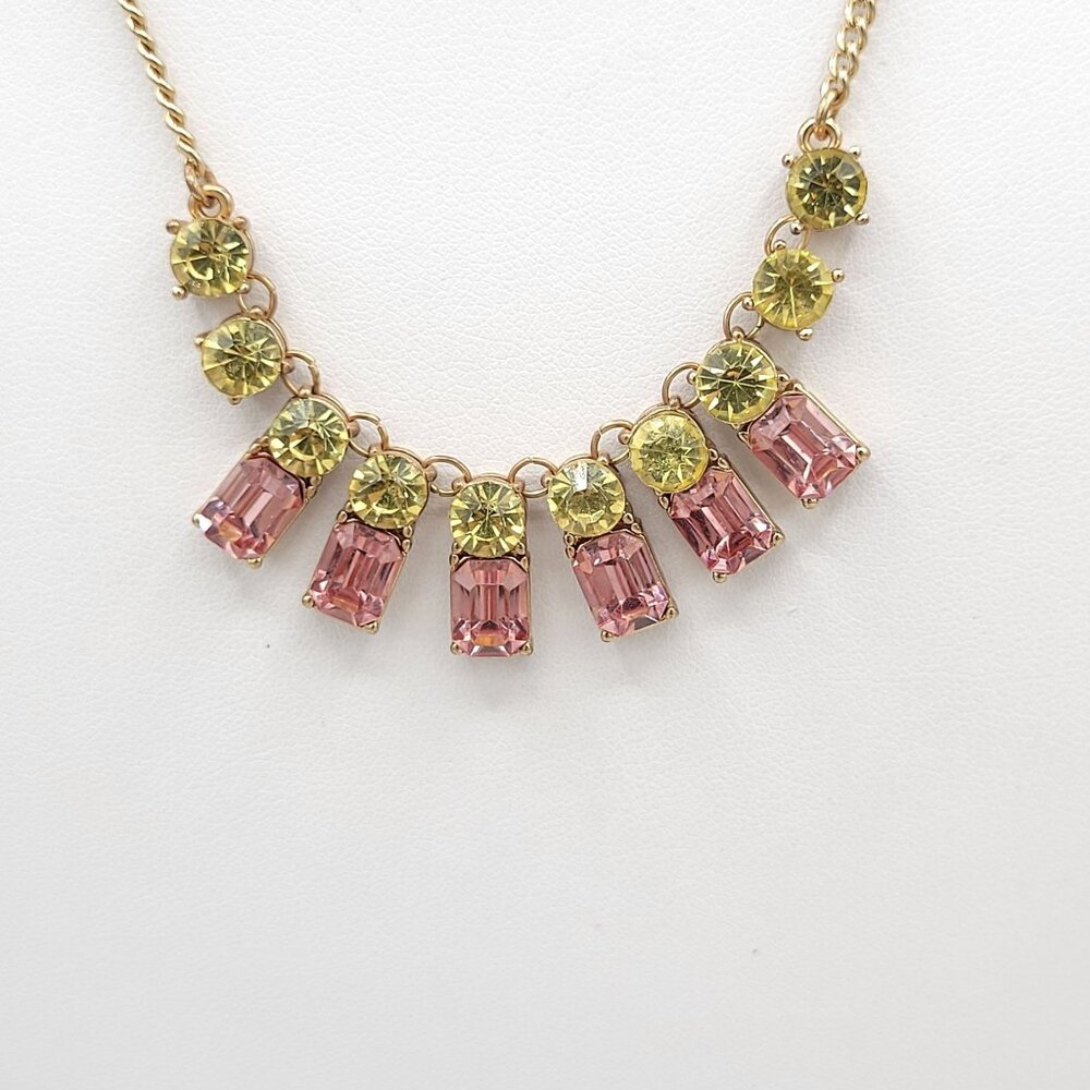 Gold Tone Necklace With Pink & Green CZ Prong Set Lobster Clasp